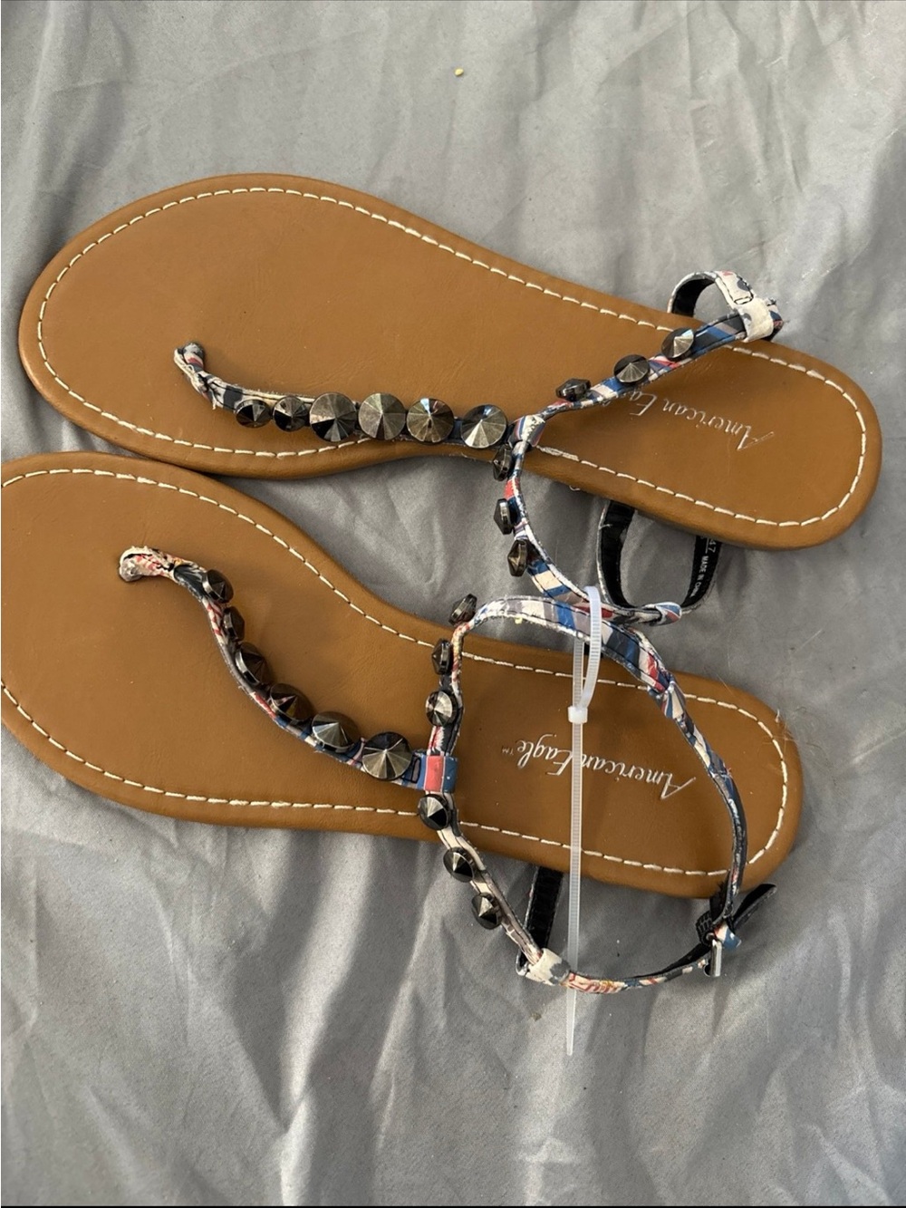 American Eagle Outfitters Tan Flat Sandals with Patterned Studded Straps